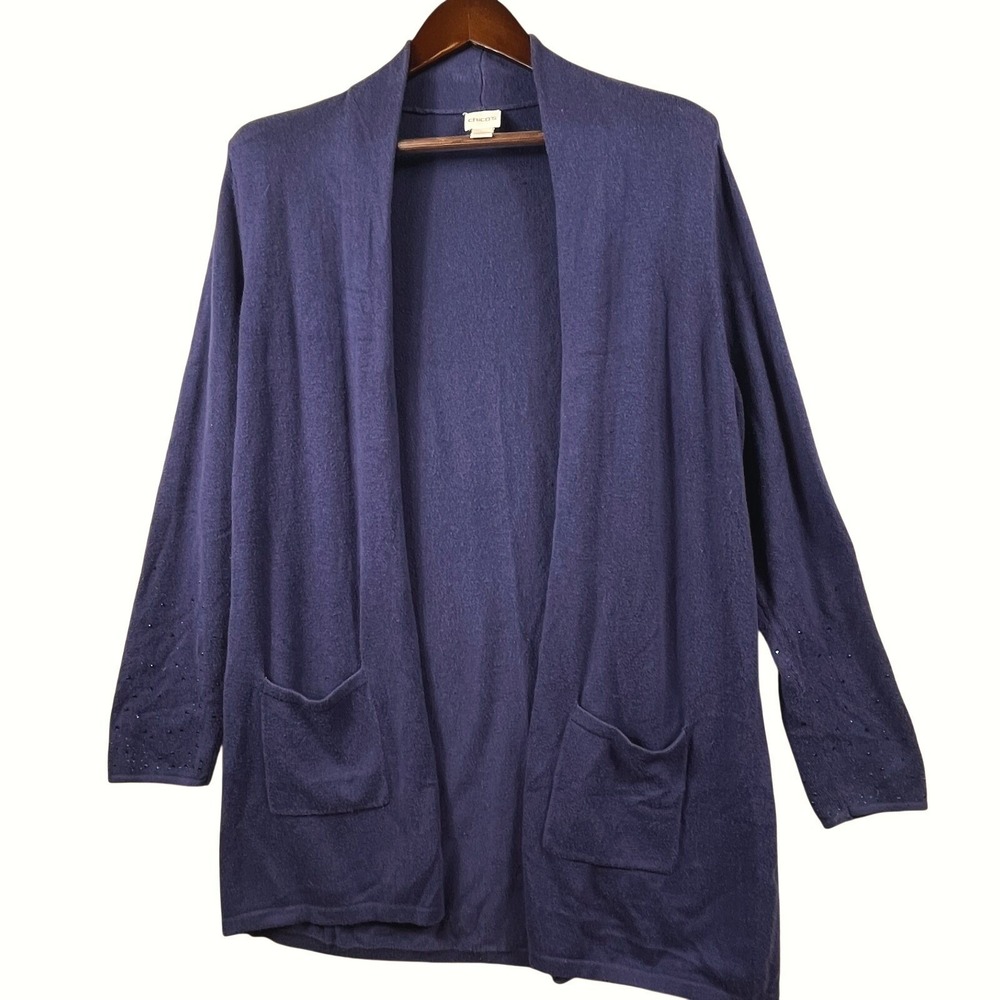 Chicos Womens 2 L Deep Purple Long Cardigan Embellished Sleeve Beaded Open Front